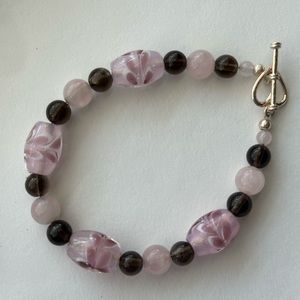 Rose floral and brown bead bracelet Sterling heart toggle
